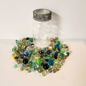 Vintage Glass Marble Lot, 137 Marbles, With Antique Mason Jar